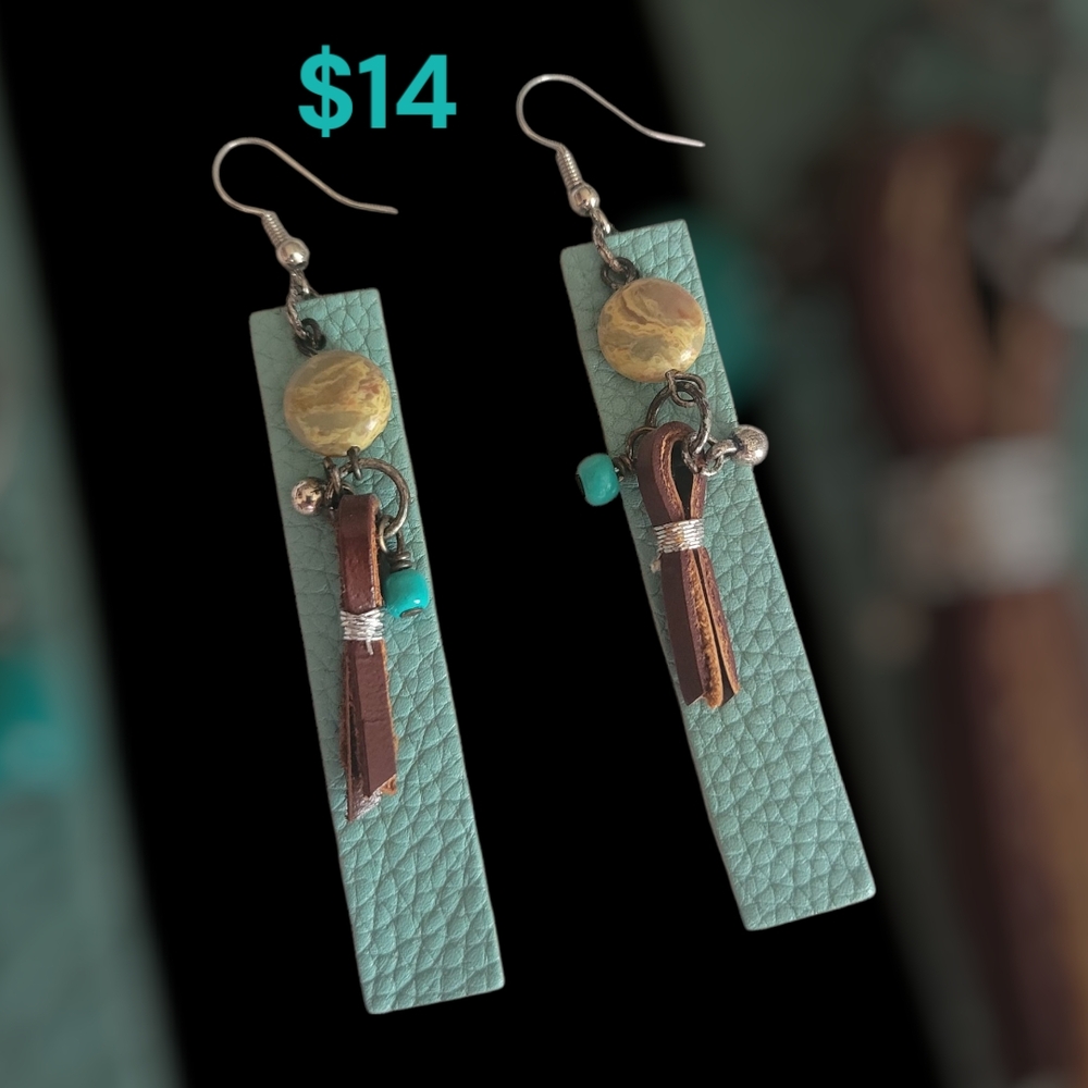 Turquoise and Brown Leather Earrings